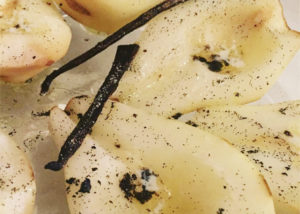 vanilla-roasted pears in baking dish