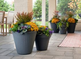 Planters shown with colorful plants in them.